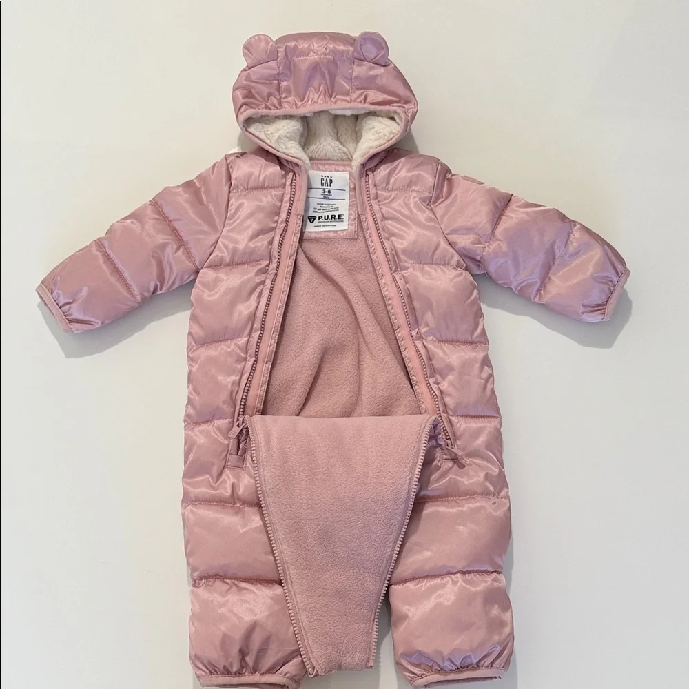 Baby GAP Pink Puffer Baby One-Piece Snowsuit with Hood 3-6 M